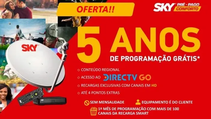 Receptor SKY PRÉ PAGO HD CONFORTO com 05 ANOS DE PROGRAMAÇÃO