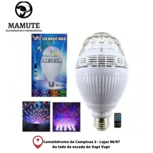 Lâmpada Giratória Led Music Bulb Rgb Luz E Som Bluetooth E27 Globo Com Adaptador de Tomada