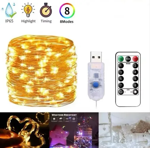 1 Fio Fada Cordão Luz Led 10 metros 100 Leds C/ Controle USB / Branco Quente Colorido