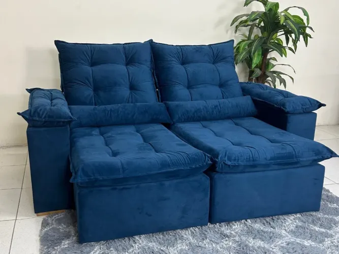 Sofá Retrátil Reclinável 2.00m - Azul Veludo Pillow Top l76