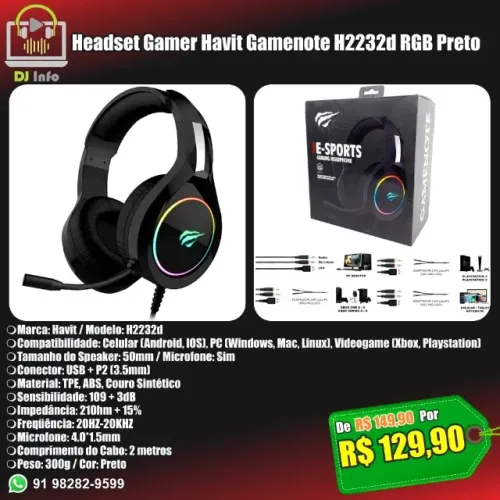 Headset Gamer Havit Gamenote H2232d RGB Preto