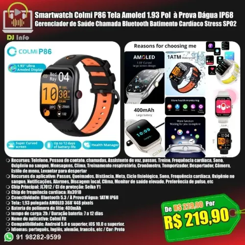 Smartwatch Colmi P86 Tela Amoled 1.93 Pol à Prova Dágua IP68 Gerenciador de Saúde