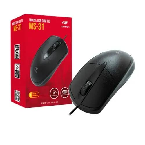 Mouse USB com Fio C3Tech Preto MS-31 - Novo c/ garantia - Nexo Store