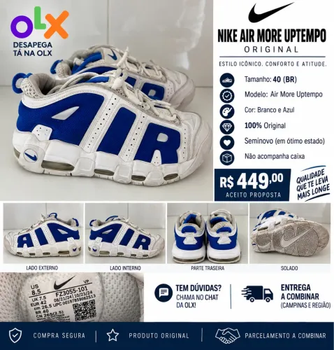 Nike Air More Uptempo Branco e Azul Original Nº 40 Seminovo