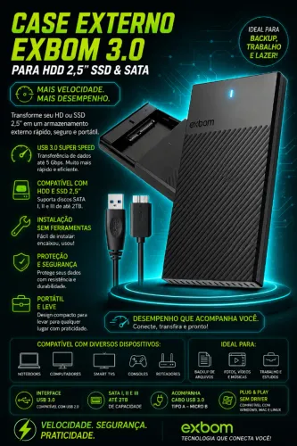 Case Externo EXBOM 3.0 para HDD 2,5' SDD & SATA (NOVO/LACRADO!)