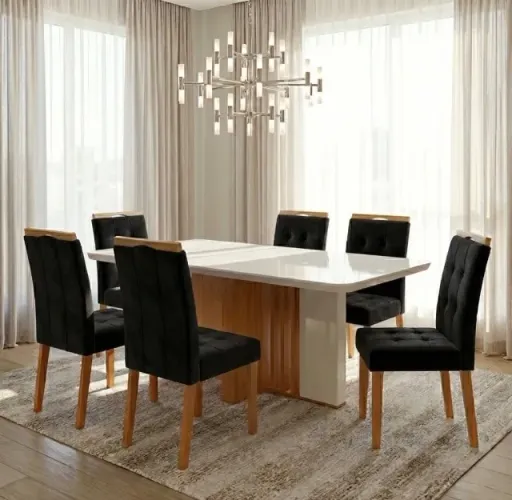 Conjunto de Jantar Sofisticado 6 Lugares Amadeirado com Detalhes Off White e Veludo Preto