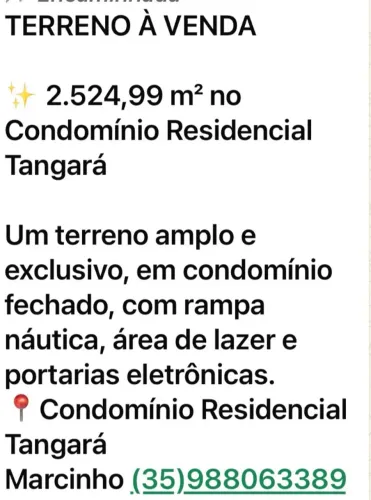 Vende se um terreno no condomínio residencial tangará em Alfenas MG 2524,99 metros quadrad