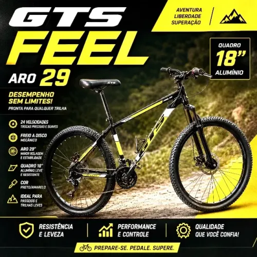 Bicicleta Gts Feel Aro 29 24v Freio Disco Mecânico Cor Preto/amarelo Tamanho Do Quadro 18