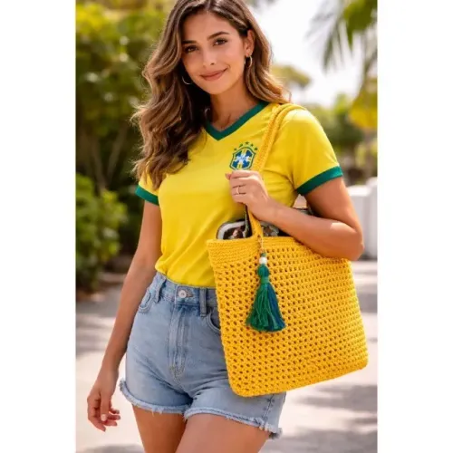 Bolsa de Crochê Artesanal Feminina Amarela | Bolsa de Mão Estilo Praia + Tassel Removível 