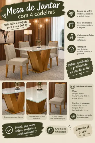 MESA DE JANTAR 4 LUGARES DE VIDRO
