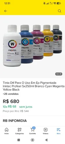 Vendo 5 litros 250 ml tinta dtf , e um agitador de tinta branca reservatório 250ml
