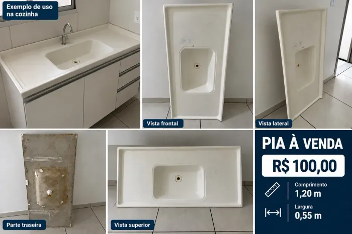 Pia de Cozinha Branca 1,20m x 0,55m - Usada