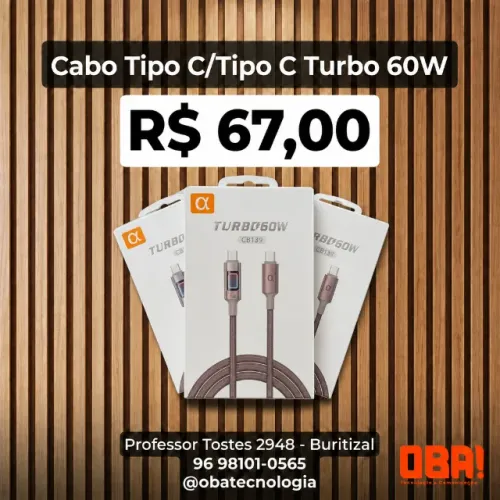 Cabo carregador Tipo C/Tipo C Turbo 60w carregamento rápido