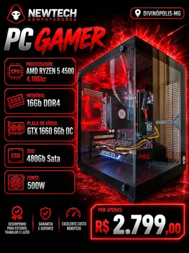 PC Gamer Ryzen 5 4500 4.1Ghz / Mem 16Gb / SSD 480Gb / GTX 1660 6Gb (aceito cartão)