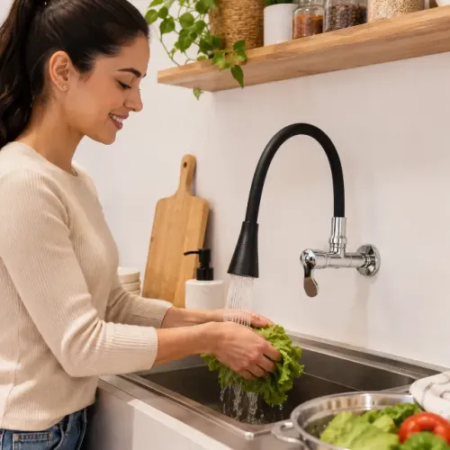 Torneira de Parede Flexível Gourmet Preta com Bica Móvel para Cozinha