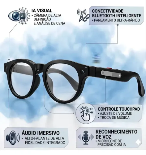 Óculos Inteligente Ai Glass Câmera+IA Bluetooth IA Integrada Standard Preto
