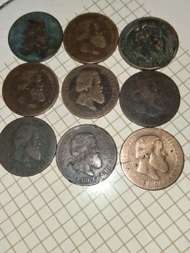 Lote com 9 moedas antigas de 20 Réis dom Pedro II década 1860