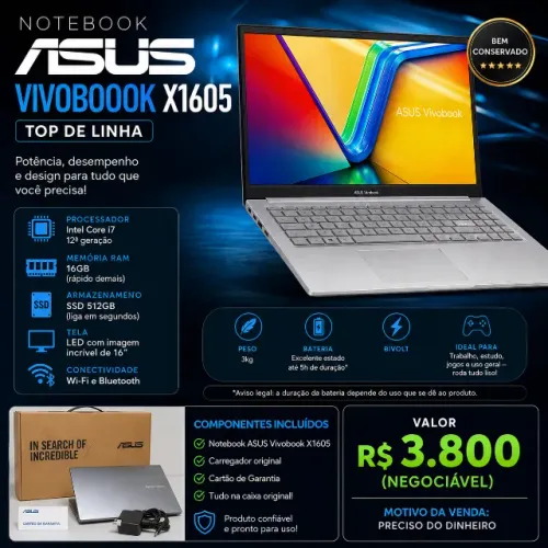 Notebook ASUS Vivobook X1605 - Top de linha
