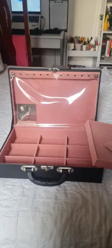 Maleta Estojo Para Joias Duplo Grande Cor Preto Com Rosa