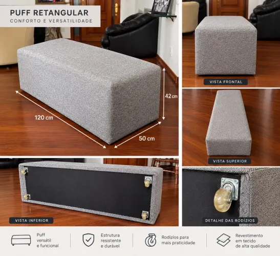 Puff marca LÍDER com rodinhas, na cor cinza, novíssimo, sem detalhes.
