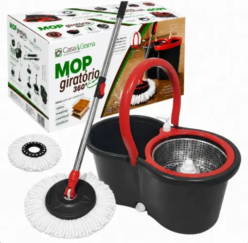 Mop Giratório 360° Esfregão Casa & Grama com Cesto Inox e 2 Refis