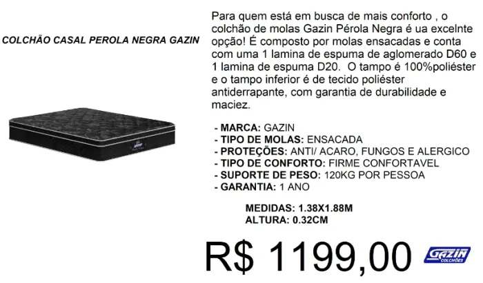 Colchão casal mola pérola negra gazin - frete grátis!