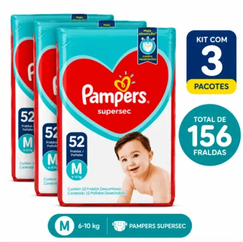 Kit 3 Fraldas Pampers Supersec M 52 Unidades Cada | Total 156 Fraldas | 6 a 10kg |