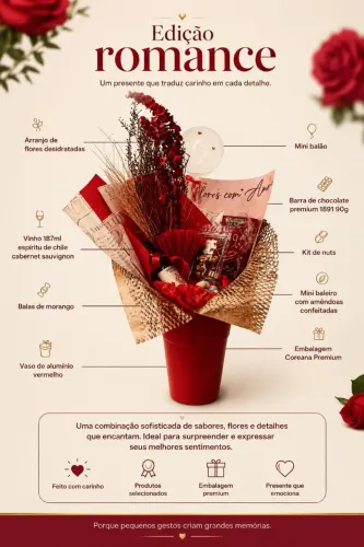 Presente Romântico Premium com Vinho, Flores e Chocolate