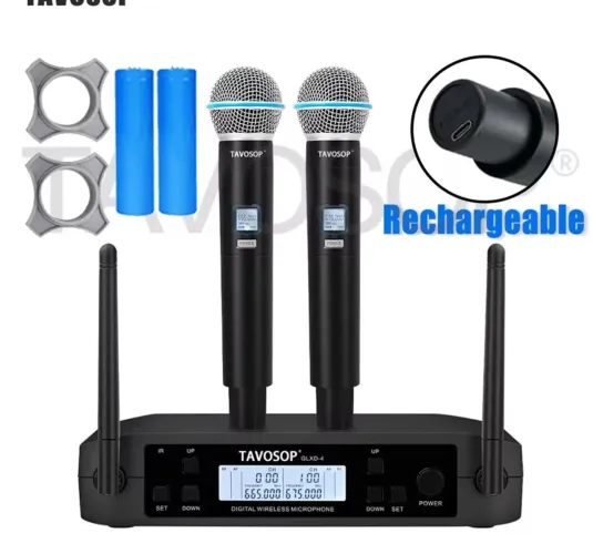 Microfone sem fio UHF duplo com bateria Recarregável