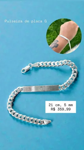 Pulseira de prata grumet com chapa, disponível para gravação, garantia eterna 