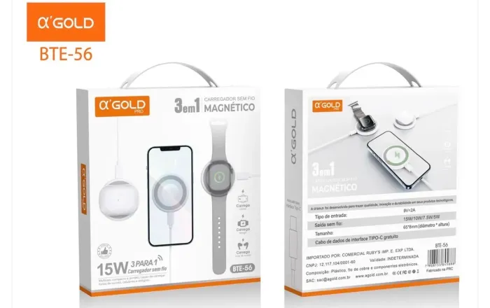 Carregador por Indução Magnético 3 em 1 - A'Gold - BTE-56