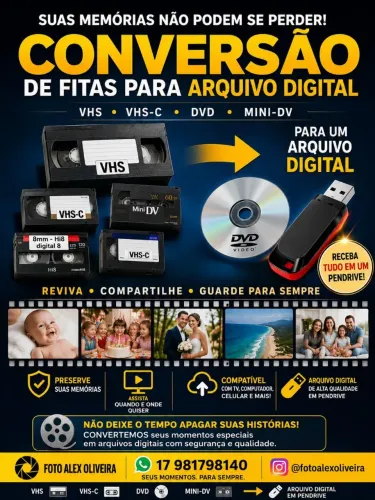 Conversão de fita VHS, VHS-C, DVD, Minidv para um pendrive