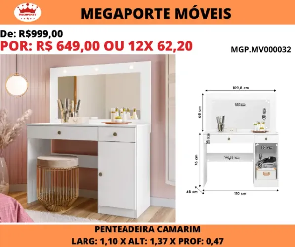 Penteadeira Camarim 2G 1P com Led 1,10