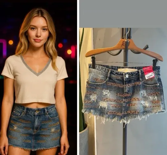 mini saia jeans degrant com mini paetê