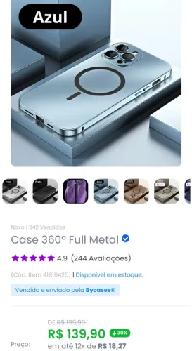 Case 360° Full Metal para iPhone 14 PRO - Azul, Mais um case Dourado de brinde !