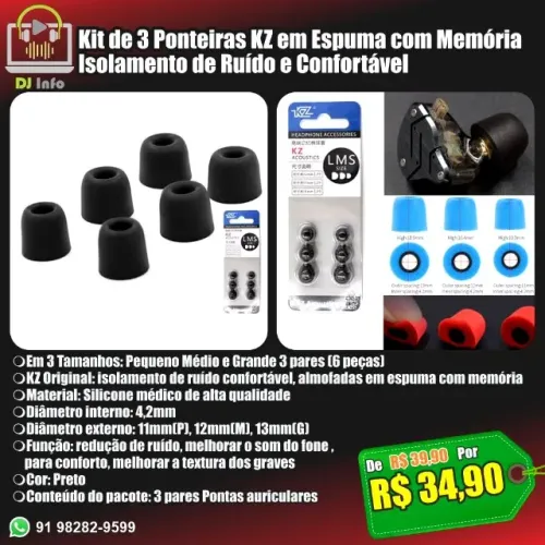 Kit de 3 Ponteiras KZ em Espuma com Memória Isolamento de Ruído e Confortável