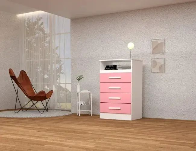 "Beleza e Organização: Cômoda Infantil Jéssica 4 Gavetas 100% MDF Branco/Rosa"