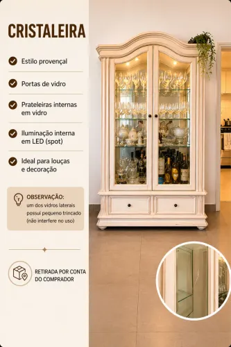 Cristaleira Provençal Branca com iluminação 