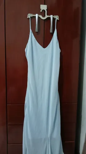 Vestido festa azul claro elegante tecido fresco forrado
