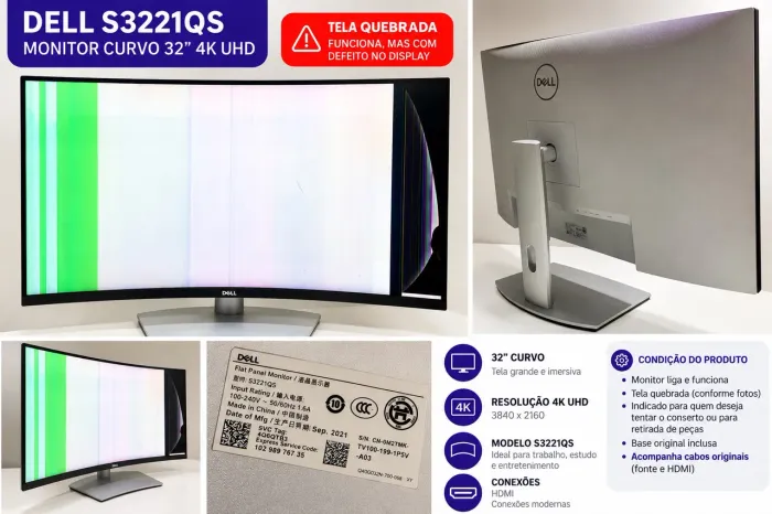 Monitor Dell S3221QS 32? Curvo 4K - Tela Quebrada - Peças/Reparo