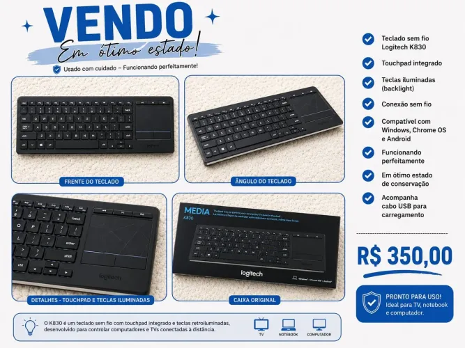 teclado sem fio com touchpad, ideal para controlar Smart TVs e computadores à distância