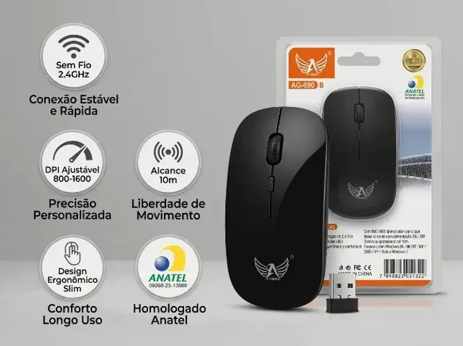 Mouse Sem Fio 2.4GHz Altomex AG-690 B Optico 1600 DPI Anatel