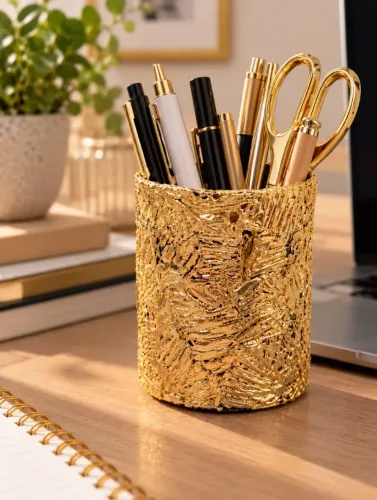 Porta-Canetas Artesanal Dourado - Decoração Elegante para Escritório