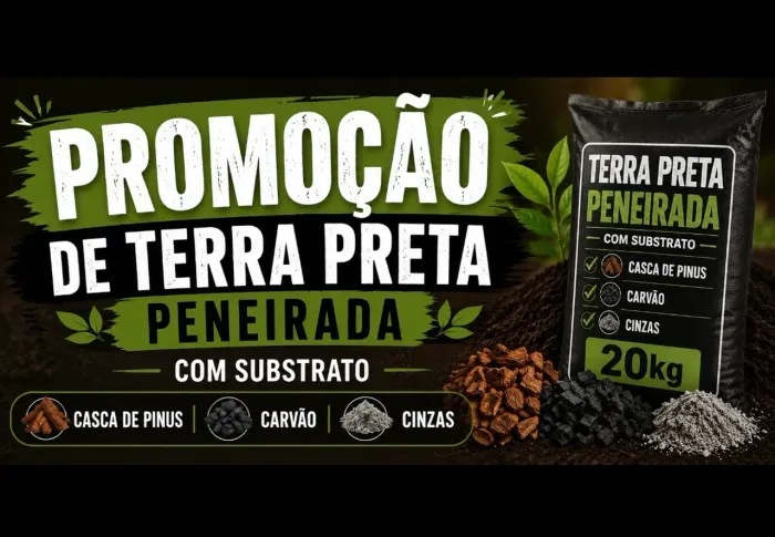 Terra preta peneirada com substrato, carvão, cinzas e casca de pinus