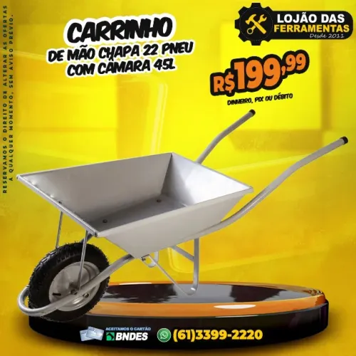 Carrinho De Mão Chapa 22 Pneu Com Câmara 45L