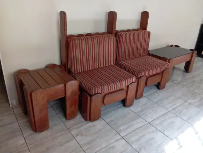 Jogo de Sala Madeira Maciça Angelim Pedra Completo - 5 Poltronas + Mesas | Impecável