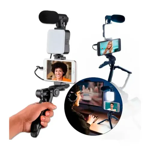 Suporte para Celular com Tripé Luz LED para Streaming Podcast Self com Microfone T&Z TZ-KD