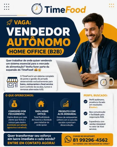 Vendedor(a) Autônomo(a) Home Office | Comissão por Venda | TimeFood