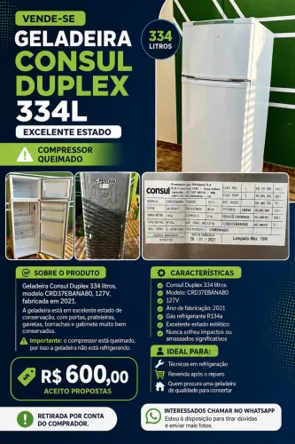Geladeira Consul Duplex 334L CRD37EB 127V - Excelente estado | Compressor queimado