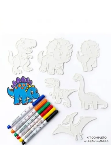 Kit Pintura 3D 6 Dinossauros + 4 Canetinhas - Lembrancinha De Festa Infantil 